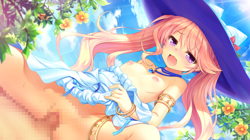 1boy 1girl armlet bekkankou blonde_hair blush bracelet breasts censored clothes_lift clothes_pull cloud cowgirl_position dress dress_lift dress_pull dutch_angle flower game_cg girl_on_top hat hetero iris_mysteria! jewelry ladis_(iris_mysteria!) long_hair mosaic_censoring necklace nipples official_art open_mouth outdoors penis purple_eyes sex sky small_breasts solo_focus spread_legs straddling sweat thighlet twintails vaginal white_dress yellow_flower