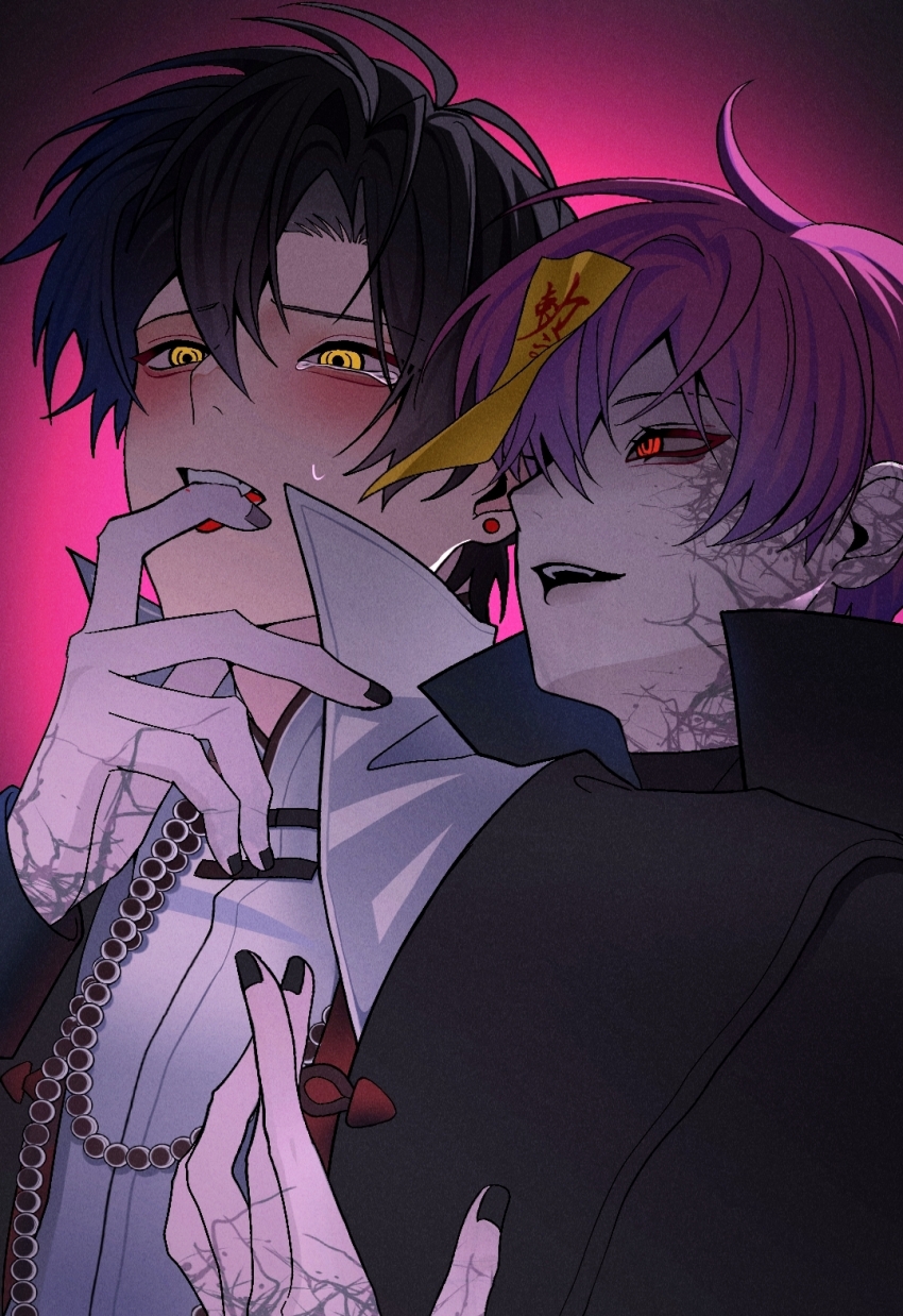 2boys alternate_costume bead_necklace beads biting black_hair black_jacket black_nails blush cheng_xiaoshi chinese_clothes chinese_commentary colored_skin ear_piercing earrings fangs finger_in_another&#039;s_mouth fingernails hair_between_eyes halloween_costume highres hug hug_from_behind jacket jewelry jiangshi li323213 li_tianchen long_sleeves male_focus multiple_boys nail_polish necklace ofuda ofuda_on_head open_mouth pale_skin piercing pink_background pink_hair red_eyes shiguang_dailiren shirt short_hair smile stitches sweatdrop talisman tattoo tears teeth upper_body white_shirt yaoi yellow_eyes