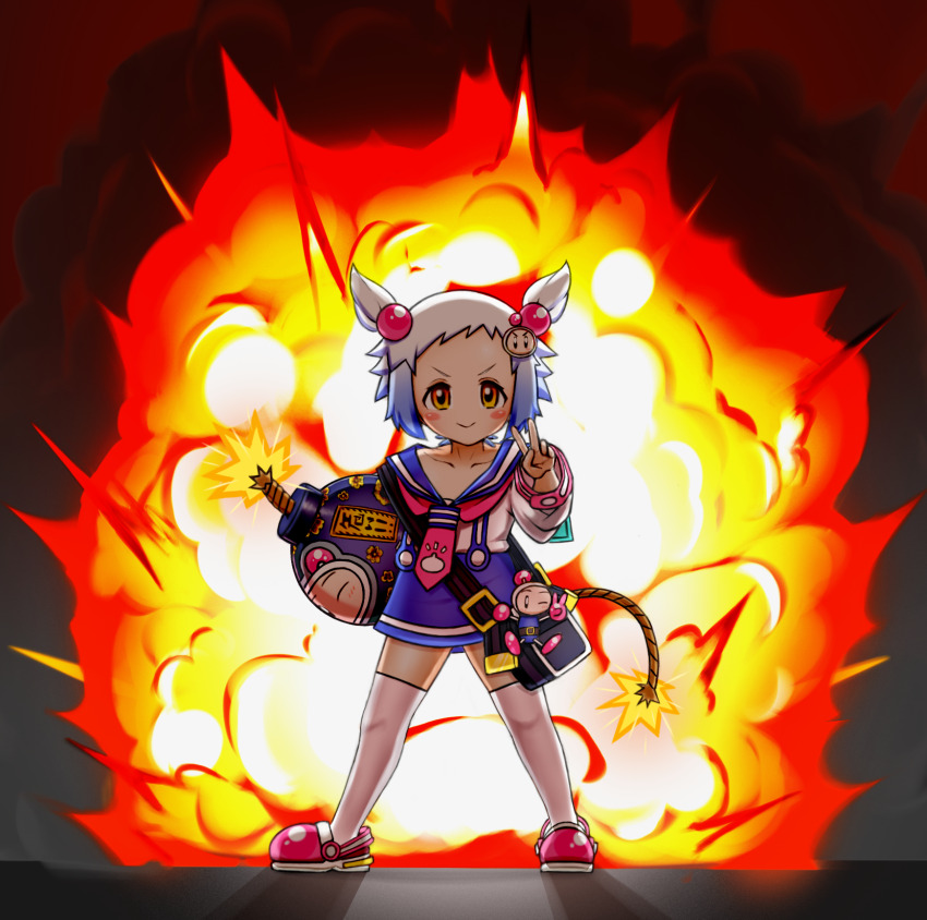 1girl bag blue_sailor_collar blue_skirt blush_stickers bomb bombergirl bomberman brown_tail character_hair_ornament child collarbone explosion explosive female_focus frostyneko fuse fuse_tail hair_bobbles hair_ornament highres holding holding_bomb lit_fuse long_sleeves looking_at_viewer miniskirt pink_footwear sailor_collar school_uniform serafuku shiron_(bombergirl) shirt short_hair shoulder_bag skirt smile solo suspender_skirt suspenders tail textless_version thighhighs two_side_up v white_bomberman white_hair white_shirt white_thighhighs yellow_eyes