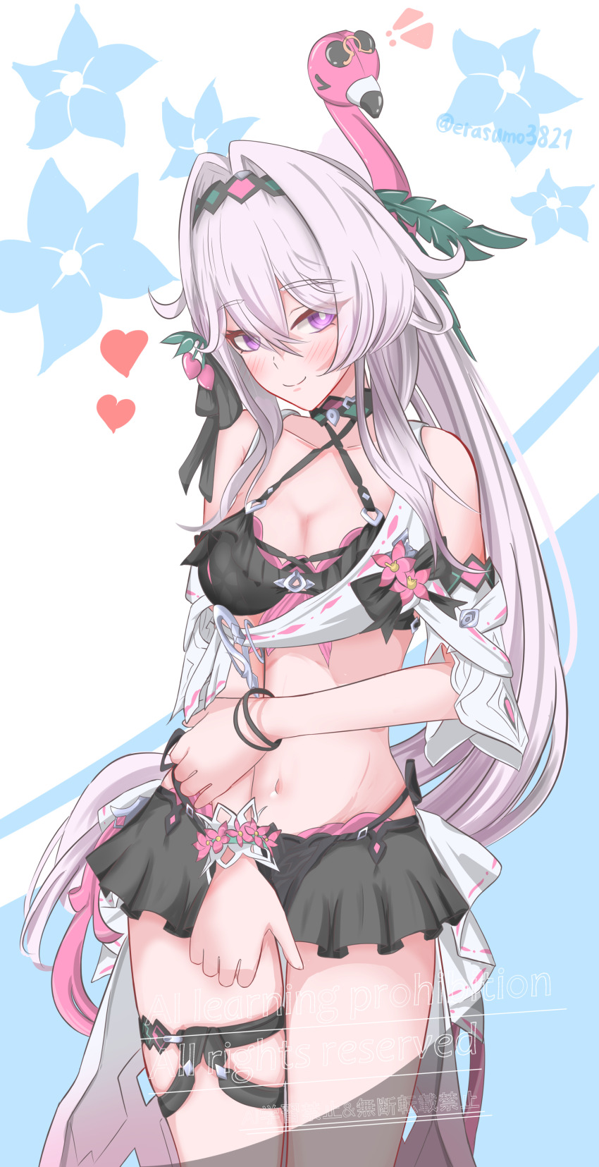 1girl absurdres bare_shoulders bikini black_bikini breasts cleavage erasumo3821 hair_intakes hair_ornament highres honkai_(series) honkai_impact_3rd large_breasts long_hair looking_at_viewer medium_breasts multicolored_hair navel official_alternate_costume ponytail purple_eyes smile solo stomach swimsuit thelema_nutriscu thelema_nutriscu_(roseate_summer) thigh_strap thighs very_long_hair white_hair