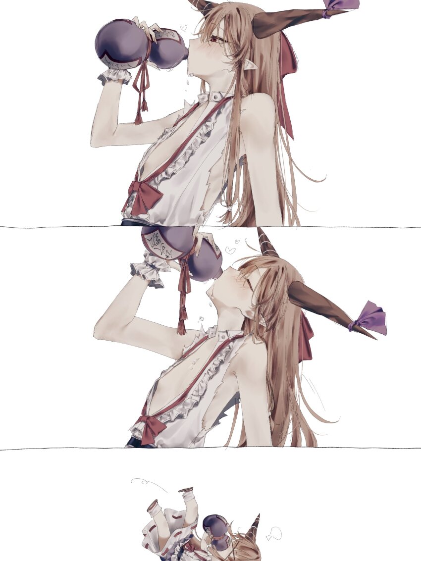 1girl absurdres alcohol armpits brown_eyes brown_hair dededon_(2suy_aas) drink flat_chest highres horns ibuki_suika loli long_hair off_shoulder pointy_ears ribbon sake simple_background touhou white_background