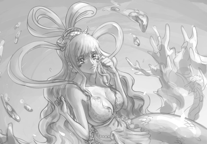 1girl absurdres bikini bikini_top_only blush_stickers commentary coral darkcore2943 english_commentary fish_hair_ornament hagoromo hair_ornament highres long_hair mermaid monster_girl one_piece shawl shirahoshi sidelocks solo swimsuit tears underwater very_long_hair