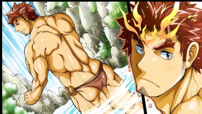 1boy bara bathing black_border bombom border brown_male_swimwear facial_hair fafnir_(f-kare) feet_out_of_frame fire forked_eyebrows from_behind game_cg goatee_stubble heterochromia long_sideburns male_focus male_swimwear multiple_views muscular muscular_male official_art partially_submerged red_eyes red_hair short_hair shoukan_yuusha_to_f-kei_kareshi sideburns stubble thick_eyebrows topless_male water water_drop waterfall yellow_eyes