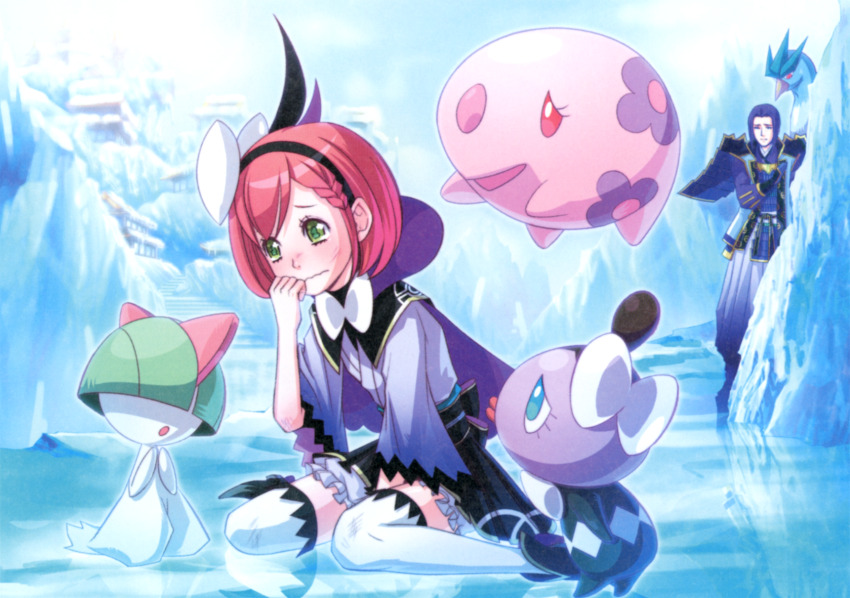 1boy 1girl articuno artist_request black_hairband blue_eyes blue_hair blush character_request closed_mouth covered_eyes eyelashes fallen_down floating gen_1_pokemon gen_3_pokemon gen_5_pokemon gothita green_eyes hairband highres ice legendary_pokemon long_hair munna nintendo official_art open_mouth pokemon pokemon_(creature) pokemon_conquest ralts red_eyes red_hair red_lips scan short_hair tearing_up thighhighs third-party_source wavy_mouth white_thighhighs