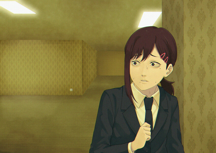 1girl backrooms_(creepypasta) black_necktie chainsaw_man formal_clothes hair_ornament hairpin higashiyama_kobeni highres mole multiple_expressions necktie ookubo_menma shirt suit sweat white_shirt