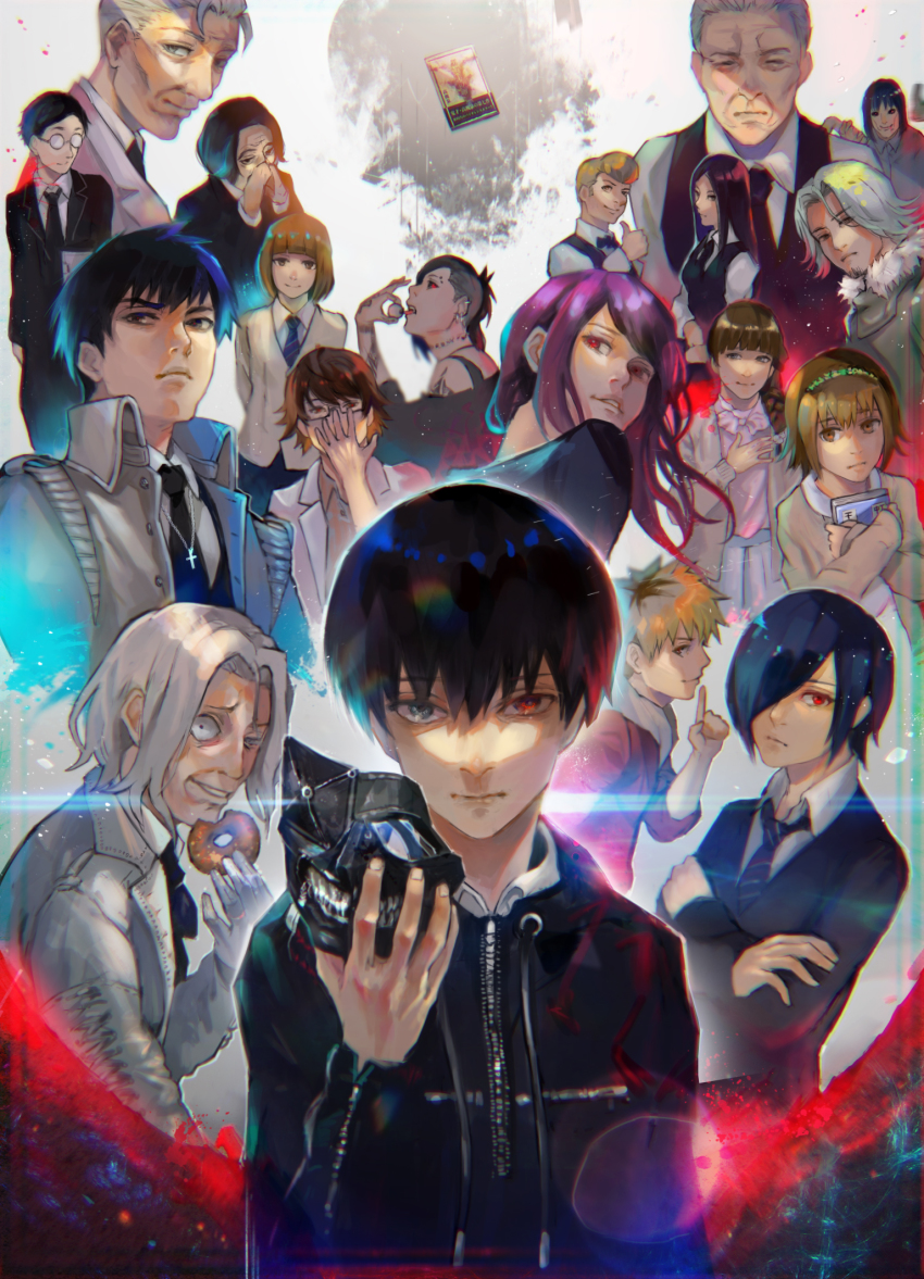 6+boys 6+girls amon_koutarou black_hair black_jacket black_necktie blonde_hair blue_hair book brown_hair character_request cross cross_necklace crossed_arms donut eating food fueguchi_hinami fueguchi_ryouko glasses grey_hair hair_over_one_eye hand_up highres holding holding_book holding_mask irimi_kaya jacket jewelry kagune_(tokyo_ghoul) kamishiro_rize kaneki_ken kanou_akihiro kirishima_touka koma_enji kusaba_ippei kyuuba_melo long_hair mado_kureo marude_itsuki mask unworn_mask mother_and_daughter mouth_mask multiple_boys multiple_girls nagachika_hideyoshi necklace necktie nishino_kimi nishio_nishiki official_style old old_man one_eye_closed parted_bangs purple_hair red_eyes round_eyewear serious short_hair smile tokyo_ghoul tsukiyama_shuu uta_(tokyo_ghoul) very_short_hair yomo_renji yoshimura_(tokyo_ghoul)