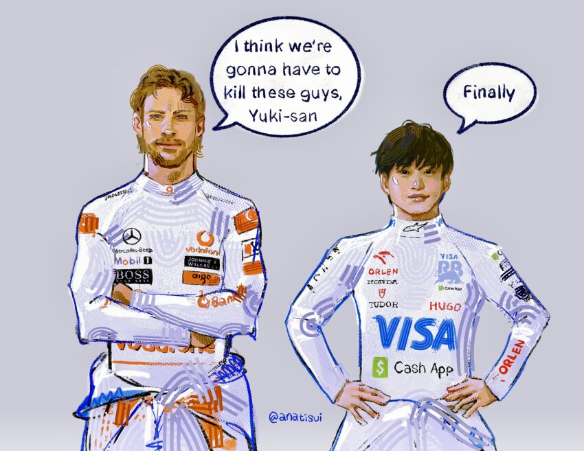 2boys alpinestars_(brand) crossed_arms english_text formula_one grey_background hands_in_pockets highres honda hugo_boss_(brand) i_think_we&#039;re_gonna_have_to_kill_this_guy_steven_(meme) jenson_button jumpsuit jumpsuit_around_waist male_focus meme mercedes-benz multiple_boys real_life red_bull rye_(anatisui) shirt simple_background smile speech_bubble sponsor straight-on tsunoda_yuuki_(racecar_driver) twitter_username visa vodafone white_jumpsuit white_shirt