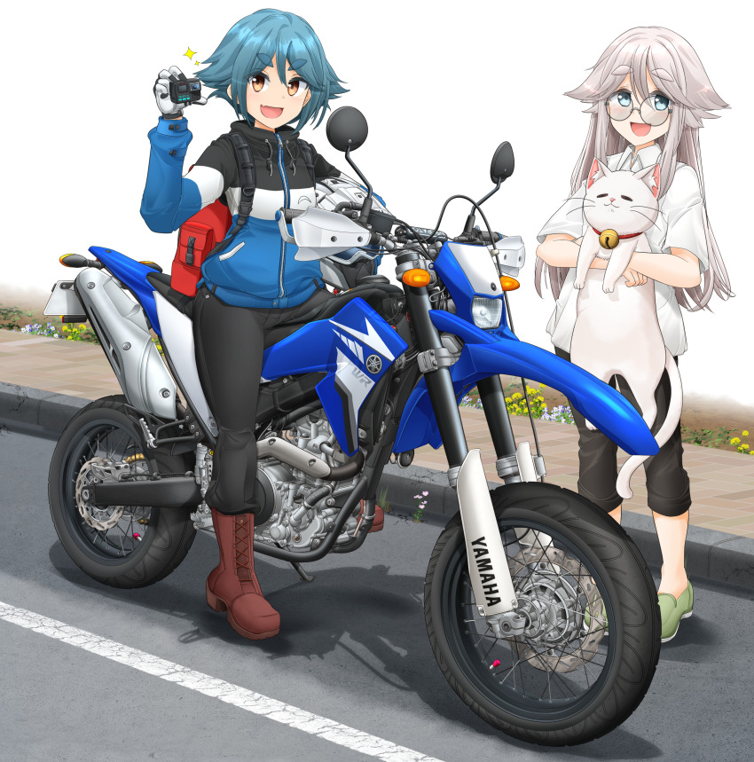 2girls absurdres action_camera akiyama_haruno animal backpack bag bell black_jacket black_pants blue_hair blue_jacket boots brown_boots camera cat collared_shirt commentary_request dress_shirt fang flower glasses gloves green_eyes green_shoes grey_hair hair_between_eyes hair_flaps highres holding holding_camera jacket jingle_bell kickstand komada_kako long_hair long_sleeves looking_at_viewer mikeran_(mikelan) mono_(afro) motor_vehicle motorcycle multicolored_jacket multiple_girls on_motorcycle open_mouth pants road round_eyewear shadow shirt shoes short_hair short_sleeves sidewalk simple_background skin_fang smile sparkle standing taishou_(mono) thick_eyebrows vehicle_focus video_camera white_background white_cat white_flower white_gloves white_jacket white_shirt yamaha yamaha_wr250 yellow_eyes yellow_flower