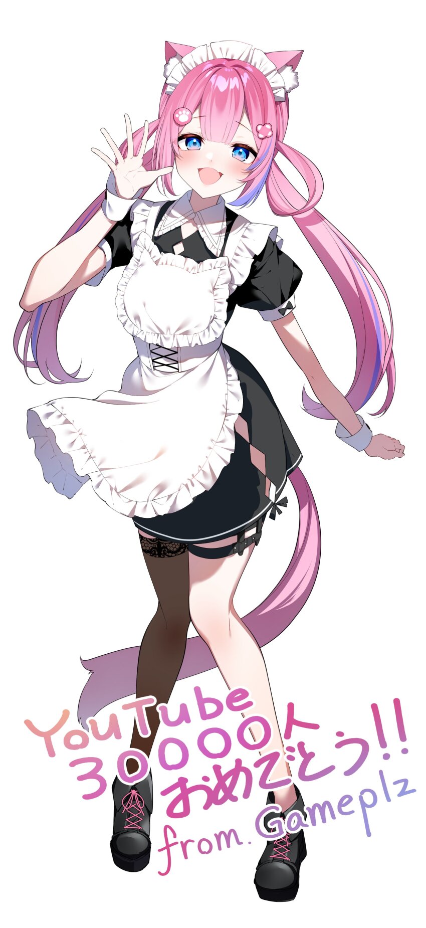 1girl absurdres animal_ear_fluff animal_ears apron black_dress black_footwear blue_eyes blue_hair blush cat_ears cat_girl commission darjeeling_(reley) dress frilled_apron frills full_body hair_ornament highres indie_virtual_youtuber long_hair maid maid_apron maid_headdress multicolored_hair nekomachi_momo open_mouth pink_hair puffy_short_sleeves puffy_sleeves second-party_source short_sleeves simple_background single_thighhigh skeb_commission solo standing streaked_hair tail thigh_strap thighhighs virtual_youtuber white_apron white_background white_headdress wrist_cuffs