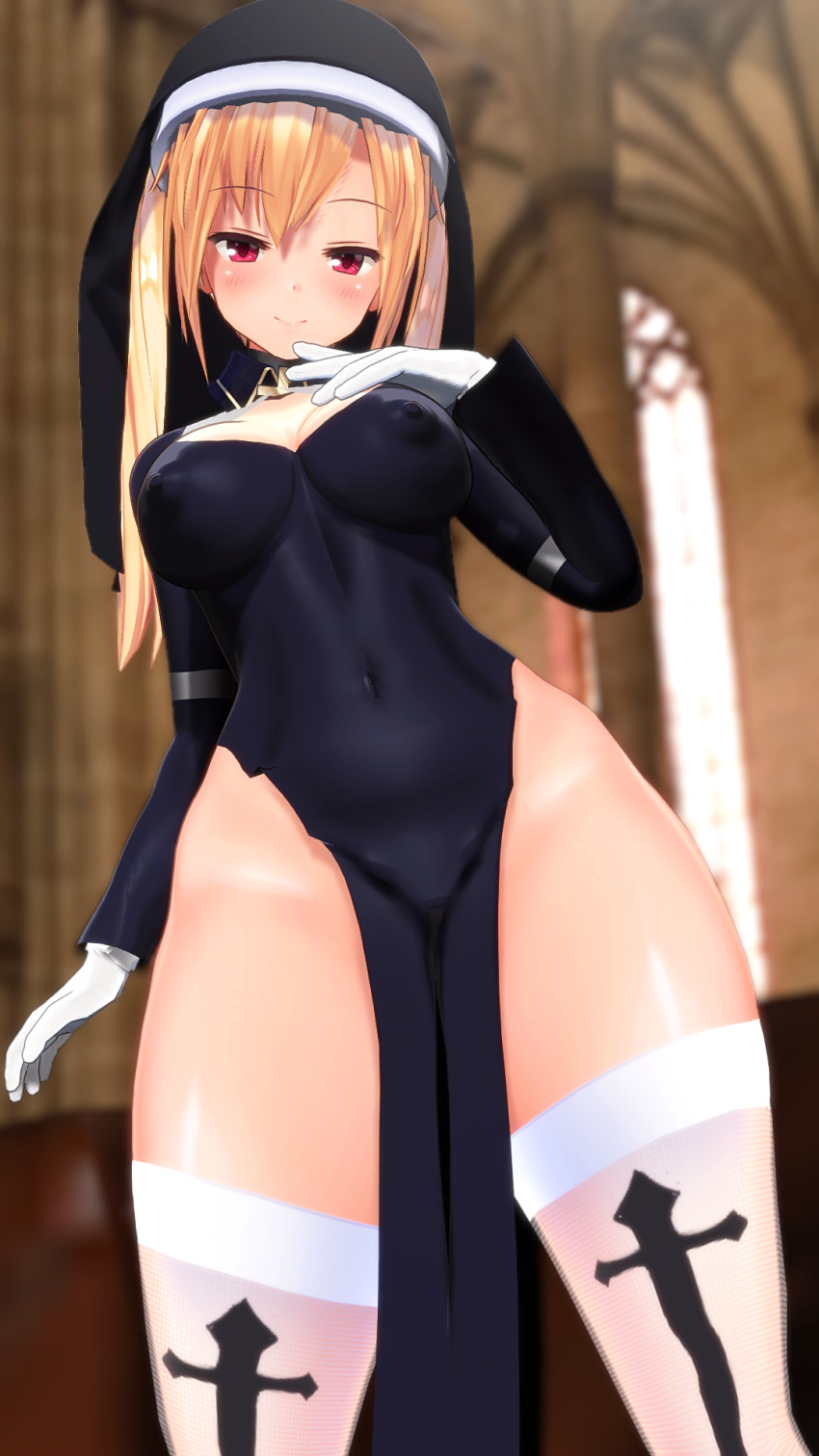 1girl 3d blonde_hair breasts covered_erect_nipples covered_navel female_focus gloves highres large_breasts long_hair minamo_rm nun original red_eyes seductive_smile skin_tight smile solo thighhighs thighs veil white_gloves white_thighhighs