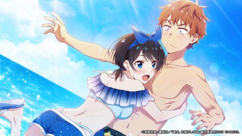 1boy 1girl bikini bikini_shorts black_hair black_male_swimwear blue_bikini blue_hairband blue_sandals blue_sky breasts closed_mouth copyright_notice day dutch_angle hairband hetero highres horizon hug kanojo_okarishimasu kinoshita_kazuya light_blush male_swimwear medium_breasts navel ocean off-shoulder_bikini off_shoulder official_art open_mouth orange_hair outdoors sandals sarashina_ruka short_hair shorts sky smile swimsuit topless_male