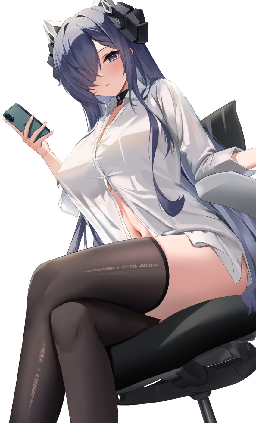 1girl apple_inc. august_von_parseval_(azur_lane) august_von_parseval_(the_unhulde&#039;s_midday_respite)_(azur_lane) azur_lane black_choker black_horns breasts cellphone chair choker collared_shirt covered_erect_nipples cowboy_shot cross crossed_legs curled_horns fingernails hair_over_one_eye highres holding holding_phone horns iphone large_breasts long_hair looking_at_viewer mechanical_horns navel official_alternate_costume one_eye_covered parted_lips phone purple_eyes purple_hair shirt sidelocks simple_background sitting skindentation smartphone solo thighhighs thighs torn_clothes torn_thighhighs underboob white_background white_shirt wynnblue