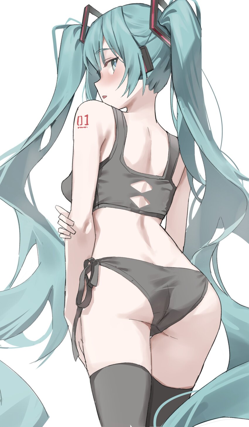 1girl absurdres aqua_eyes aqua_hair arm_behind_back ass back black_panties black_sports_bra black_thighhighs blush breasts commentary from_behind hair_between_eyes hand_on_own_arm hatsune_miku highres long_hair looking_at_viewer looking_back number_tattoo open_mouth panties scarlet_(wv0102) shoulder_tattoo side-tie_panties simple_background sports_bra standing symbol-only_commentary tattoo thighhighs twintails underwear very_long_hair vocaloid white_background
