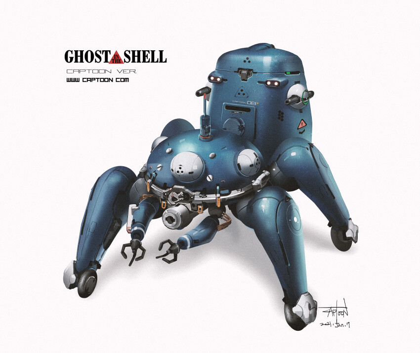 2021 cannon captoon claws cyberpunk dated ghost_in_the_shell highres lights logo machinery mecha mecha_focus no_humans realistic robot science_fiction signature simple_background solo tachikoma title walker_(robot) watermark web_address wheel white_background