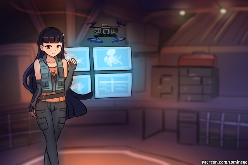 1girl azur_lane belt black_hair blurry blurry_background commentary cosplay depth_of_field english_commentary fingerless_gloves flower gloves gremlin_(xcom_2) hair_flower hair_ornament lily_shen lily_shen_(cosplay) long_hair looking_at_viewer lumineko monitor parody pun red_eyes shirt sleeveless sleeveless_shirt smile very_long_hair vest x-com xcom_2 yat_sen_(azur_lane)