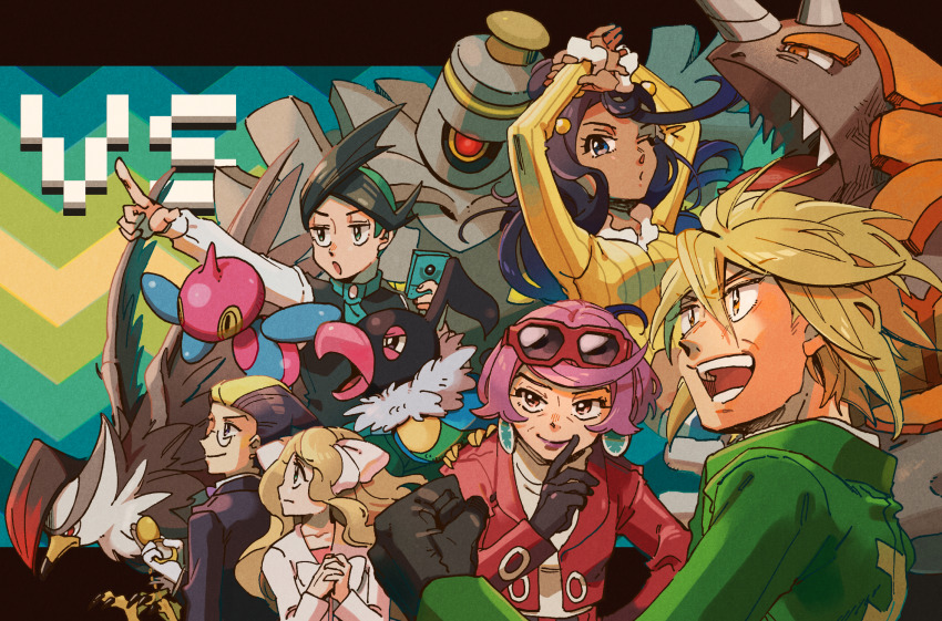 3boys 3girls :o argenta_(pokemon) black_hair black_vest blonde_hair caitlin_(pokemon) chatot clenched_hand coat commentary_request dahlia_(pokemon) darach_(pokemon) dusknoir eyewear_on_head frontier_brain gen_4_pokemon gloves green_coat green_hair highres holding jacket long_sleeves multicolored_hair multiple_boys multiple_girls nintendo one_eye_closed open_mouth own_hands_together palmer_(pokemon) pointing pokemon pokemon_(creature) pokemon_dppt pokemon_platinum purple_hair red_jacket rhyperior shirt staraptor sunglasses suno_(su_no125) swept_bangs teeth thorton_(pokemon) two-tone_hair vest white_shirt