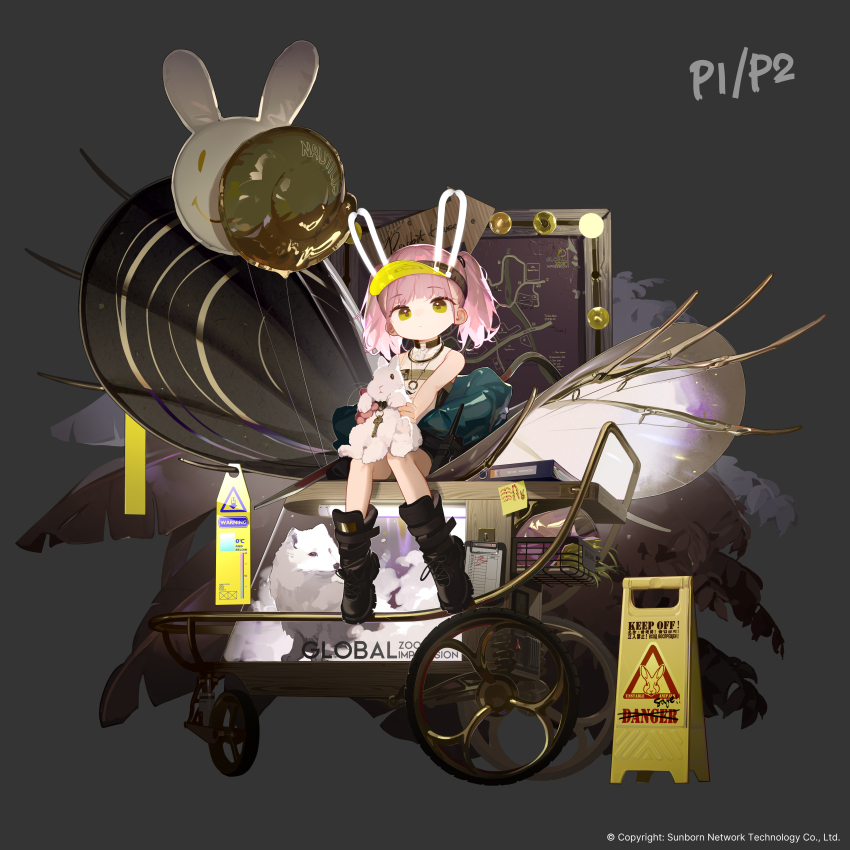 1girl absurdres animal animal_ears bare_arms bare_shoulders black_boots blue_jacket boots chinese_commentary closed_mouth commentary_request fake_animal_ears full_body girls&#039;_frontline girls&#039;_frontline_neural_cloud gloves highres holding holding_animal holding_rabbit jacket pink_hair rabbit rabbit_ears red_gloves shirt short_hair single_glove sitting sleeveless sleeveless_shirt solo taisch_(neural_cloud) tianliang_duohe_fangdongye twintails visor_cap walkie-talkie white_shirt yellow_eyes