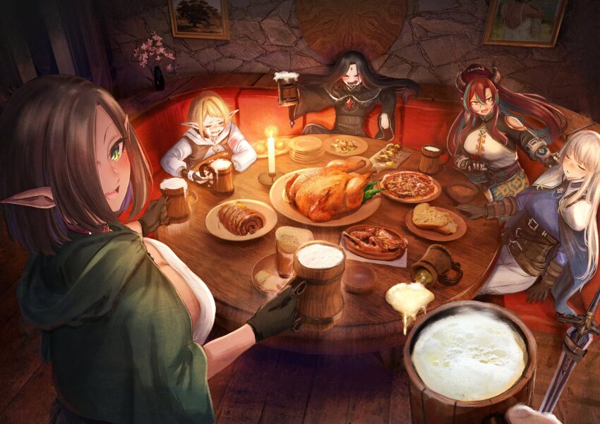 5girls absurdres alcohol arm_up ataririri bar_(place) beer beer_mug belt black_hair blonde_hair blush bread bread_slice breasts brown_hair candle choker cleavage cloak crying cup dark_elf dark_skin dragon_girl dragon_horns drink drunk elf fantasy floor flower food glasses green_eyes highres holding holding_cup hood hooded_cloak horns indoors large_breasts long_hair meat mug multiple_girls open_mouth orange_eyes original pillar pizza pointy_ears pov red_eyes sleeping smile spilling sword table tavern weapon wooden_floor wooden_table
