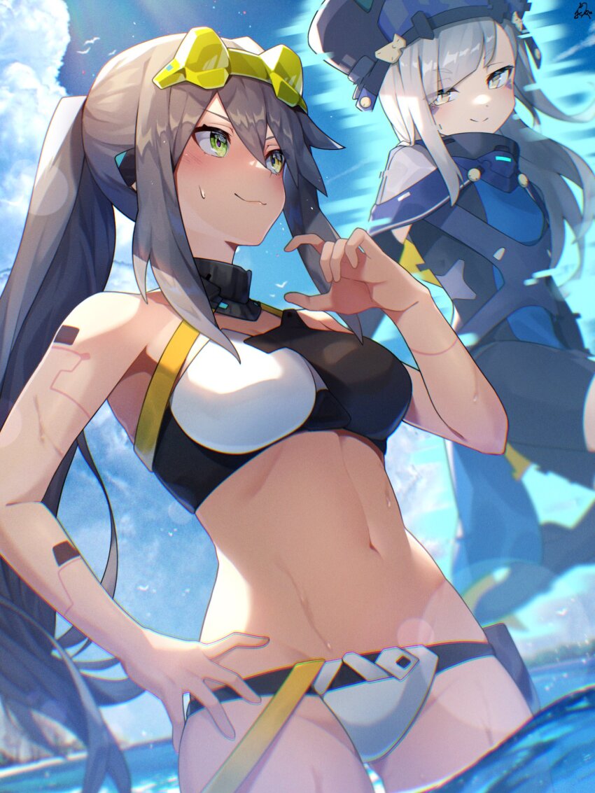 2girls bikini character_request closed_mouth embarrassed goggles goggles_on_head green_eyes grey_hair hand_on_own_hip highres lav_(world_flipper) multicolored_bikini multiple_girls navel outdoors ponytail ponzu_tas sweatdrop swimsuit two-tone_bikini wading white_bikini world_flipper