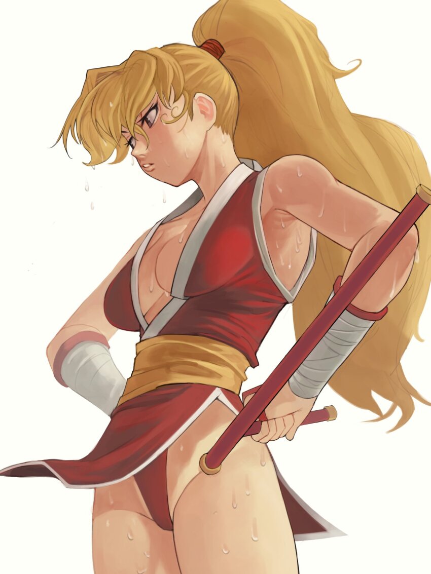 armpits blonde_hair breasts final_fight final_fight_2 genryuusai_maki groin hand_on_own_hip high_ponytail highres large_breasts michibata_anko parted_lips ponytail sash standing sweat very_sweaty white_trim yellow_sash