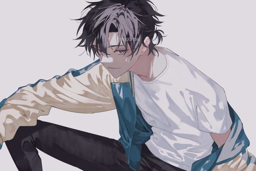 1boy arm_on_knee black_hair black_pants blue_jacket cheng_xiaoshi closed_mouth feet_out_of_frame grey_background grey_eyes hair_between_eyes jacket jacket_partially_removed knee_up long_sleeves looking_at_viewer male_focus multicolored_jacket off_shoulder open_clothes open_jacket pants ponytail shade shiguang_dailiren shirt short_hair short_ponytail short_sleeves simple_background sitting sleeves_past_wrists smile solo t-shirt twitter_username ugonba_(howatoro) watermark white_background white_shirt yellow_jacket