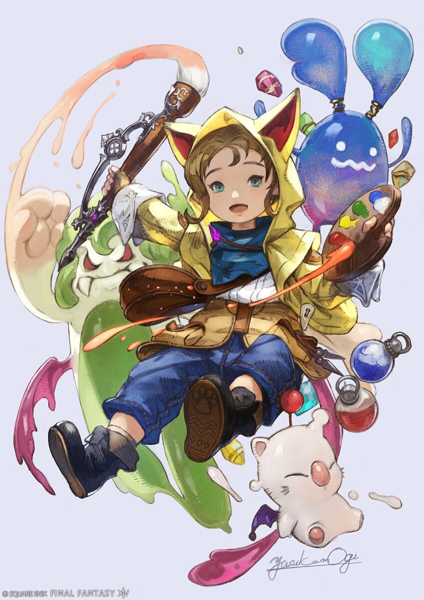 animal_ear_hood animal_ears animal_hood artist_glove bag black_footwear blue_eyes blue_pants brown_hair cat_hood company_name copyright_name copyright_notice fake_animal_ears final_fantasy final_fantasy_xiv gloves highres holding holding_paint_palette holding_paintbrush holding_paint_palette hood hooded_jacket jacket jewelry krile_baldesion_(ff14) lalafell mogi_yuusuke moogle necklace official_art paint paint_palette paintbrush paint_palette pants paw_print pictomancer_(final_fantasy) satchel signature single_glove smile spriggan_(final_fantasy) yellow_jacket