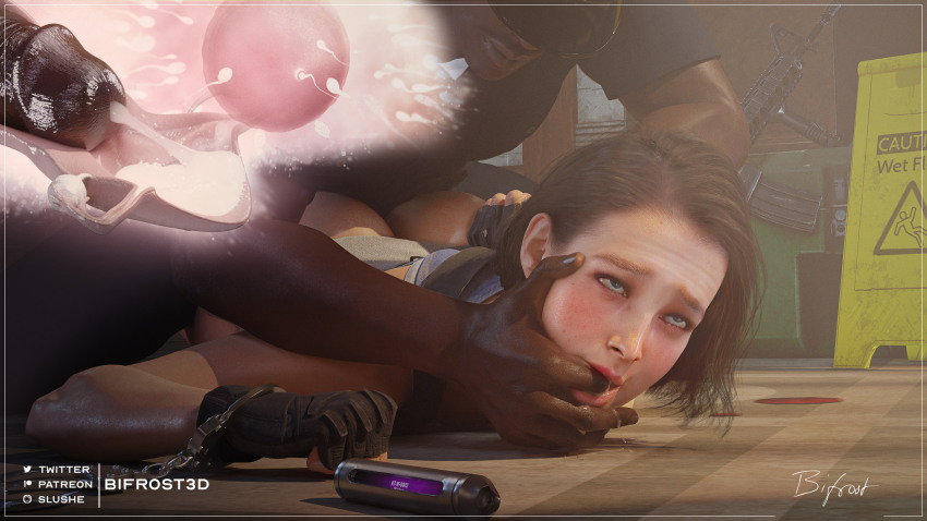 1boy 1girl artist_name ass bifrost3d blonde_hair butt_crack capcom captured cuffs cum cum_in_pussy dark-skinned_male dark_skin ejaculation fertilization finger_in_another&#039;s_mouth fingerless_gloves gloves handcuffs hetero highres impregnation internal_cumshot jill_valentine ovum penis police police_uniform policeman rape resident_evil resident_evil_3:_nemesis rolling_eyes sex sex_from_behind short_hair signature sperm_cell unwanted_impregnation uterus vaginal