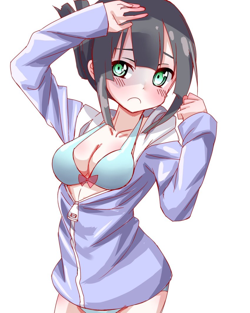 1girl bikini black_hair blue_bikini breasts cleavage female_focus green_eyes hair_between_eyes highres hood hoodie kawai_ritsu_(rits_meg) solo swimsuit washio_sumi washio_sumi_wa_yuusha_de_aru white_background yuusha_de_aru