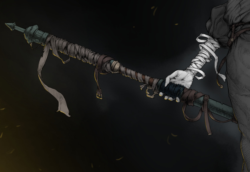 1girl bandaged_arm bandages black_dress commentary_request dress highres holding holding_weapon mji_(emucchi) nun original pale_skin solo weapon weapon_focus