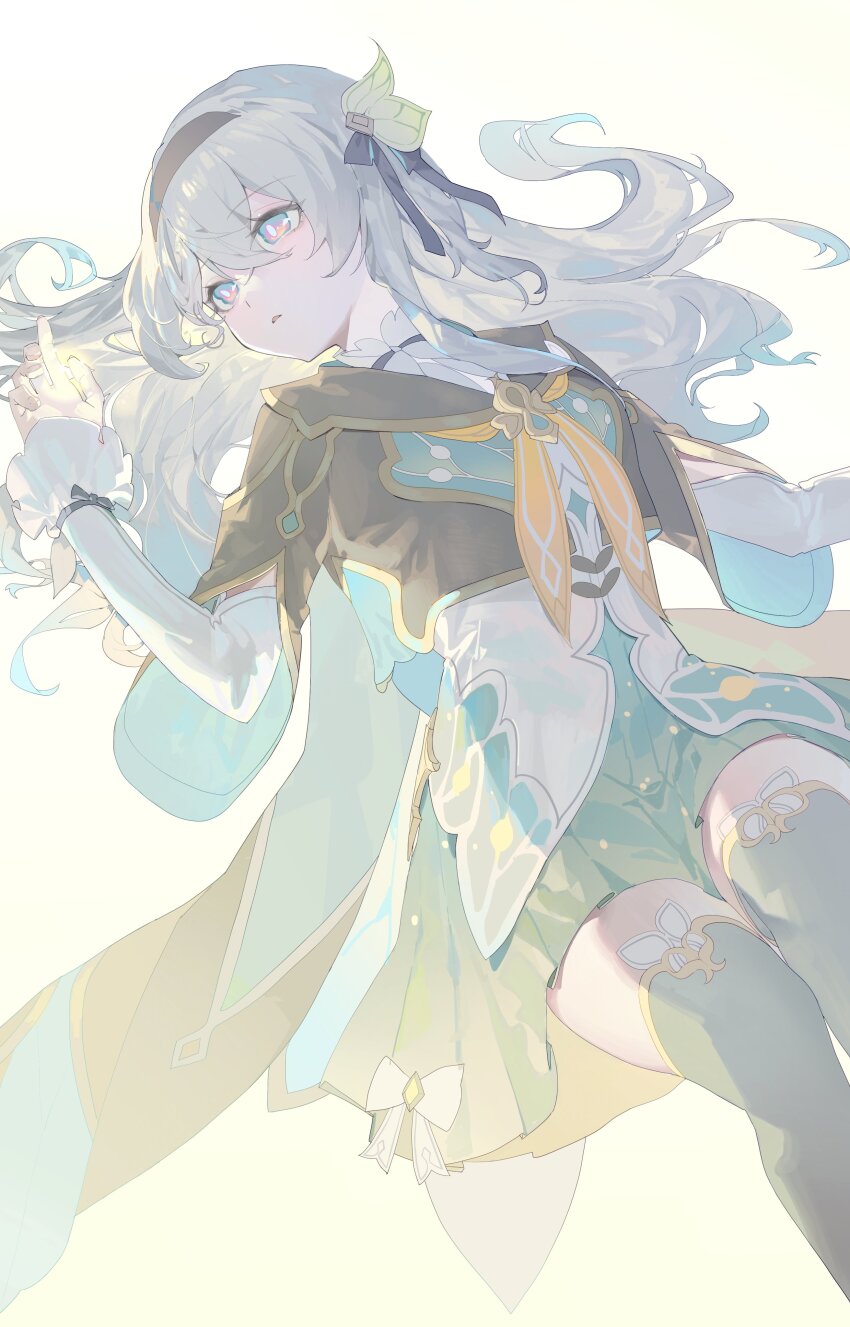 1girl absurdres aqua_eyes aqua_skirt black_hairband cowboy_shot cropped_jacket fingernails firefly_(honkai:_star_rail) gradient_background hair_between_eyes hair_ribbon hairband highres honkai:_star_rail honkai_(series) light long_hair looking_to_the_side luzi/fengli_nanzi lying on_back parted_lips ribbon sidelocks simple_background skirt solo white_hair