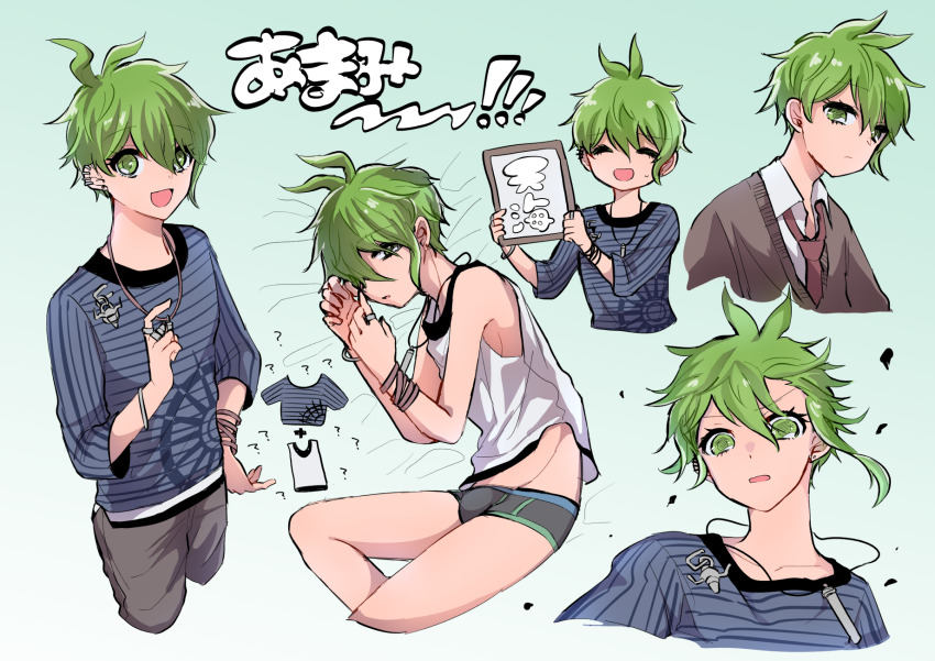 1boy :d ? amami_rantaro black_male_underwear brown_sweater danganronpa_(series) danganronpa_v3:_killing_harmony earrings green_eyes green_hair grey_pants hand_up highres jewelry lying male_underwear multicolored_male_underwear multiple_views necklace official_alternate_costume on_side open_mouth pants ribonmaru ring shirt short_hair smile striped_clothes striped_shirt sweater translation_request underwear unworn_shirt white_shirt