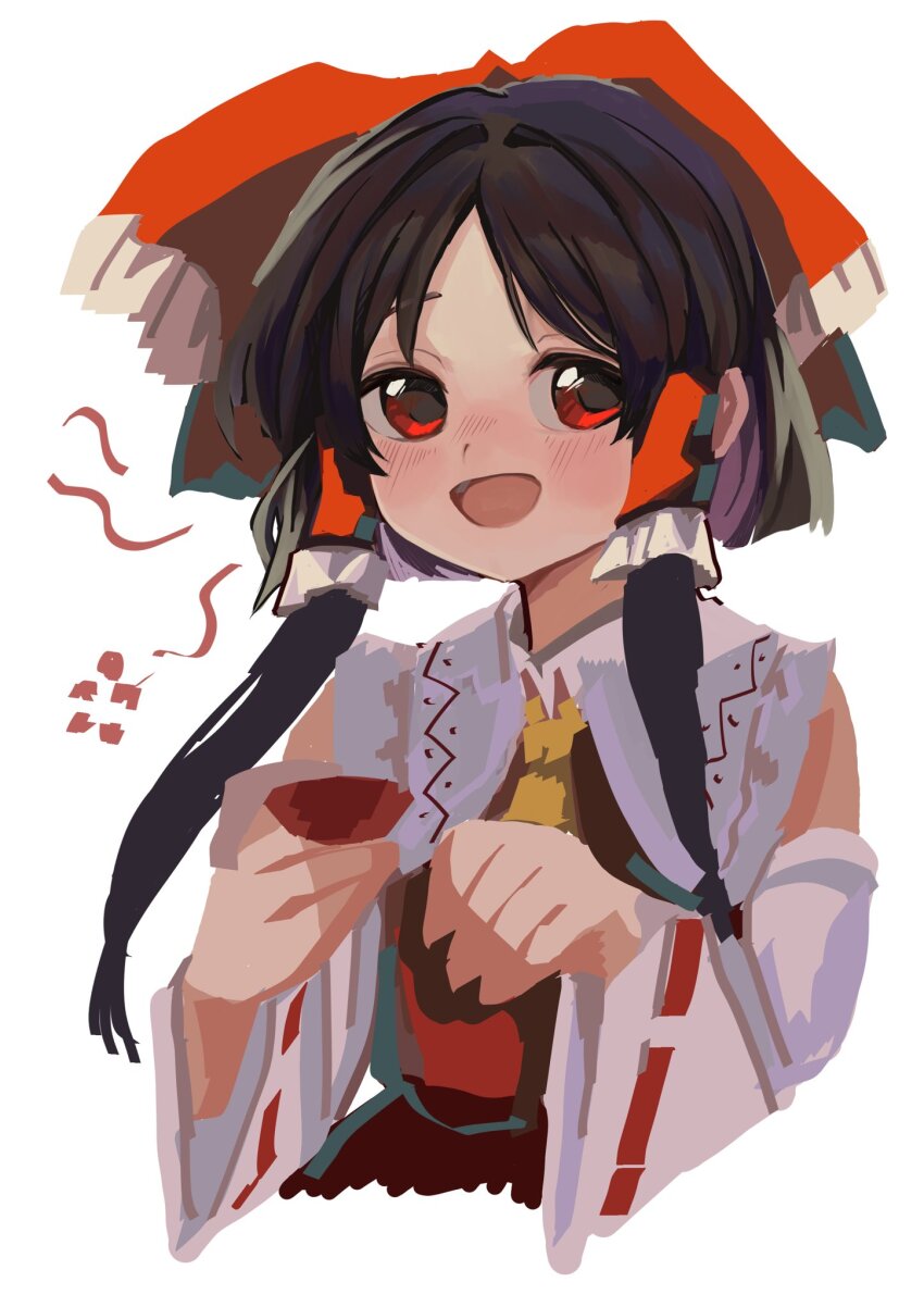 1girl :d alcohol autumn_leaves blush dress drinking frilled_dress frilled_hair_tubes frills hair_ribbon hair_tubes hakurei_reimu happy highres leaf matsukuzu neckerchief no_lineart nontraditional_miko off_shoulder open_mouth painterly parted_bangs plate red_eyes relaxing ribbon sake short_hair_with_long_locks simple_background smile squeans tasting_plate thread touhou upper_body wide_sleeves