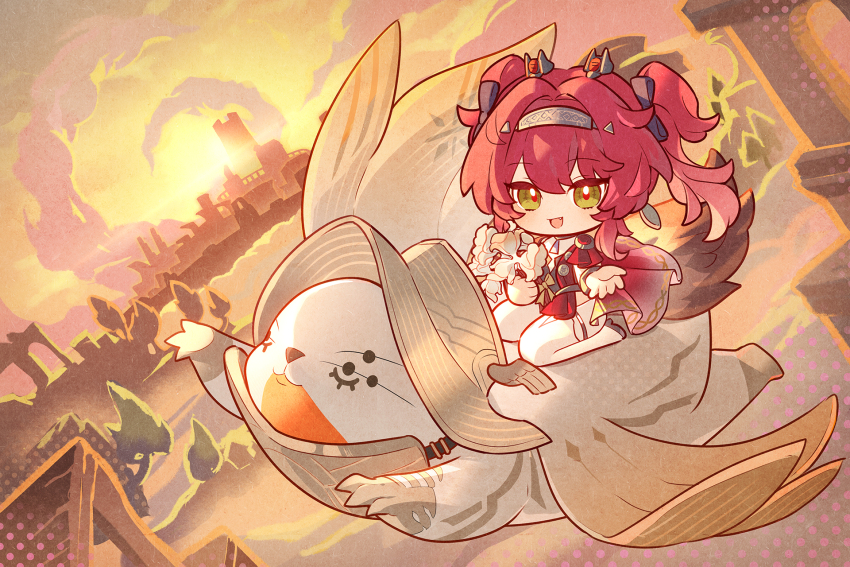1girl black_bow bodysuit bow chinese_commentary commentary_request earrings flower hair_bow hairband headgear highres holding holding_flower jewelry long_hair looking_at_viewer lupa_(wuthering_waves) metal_hairband open_mouth outdoors red_hair red_pupils red_sash remirror riding riding_animal sash smile solo tacet_discord_(wuthering_waves) tail white_bodysuit wolf_tail wuthering_waves yellow_eyes