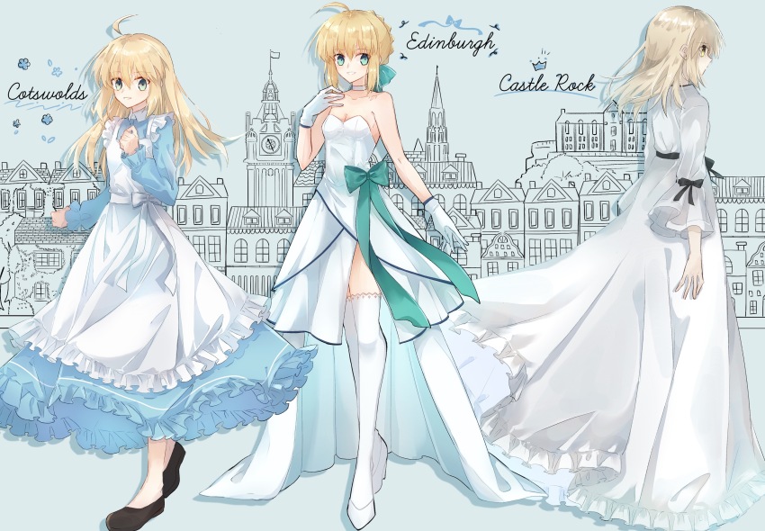 absurdres ahoge apron aqua_bow aqua_eyes artoria_pendragon_(fate) blue_dress bow breasts choker cleavage collarbone dress fate/stay_night fate_(series) floating_hair frilled_dress frills gloves grey_background hair_bow high_heels highres long_dress long_hair long_sleeves looking_at_viewer nayu_tundora official_alternate_costume pumps saber_(fate) saber_(formal_dress)_(fate) saber_alter side_slit silver_hair sleeveless sleeveless_dress small_breasts strapless strapless_dress thighhighs variations white_apron white_dress white_footwear white_gloves white_legwear yellow_eyes
