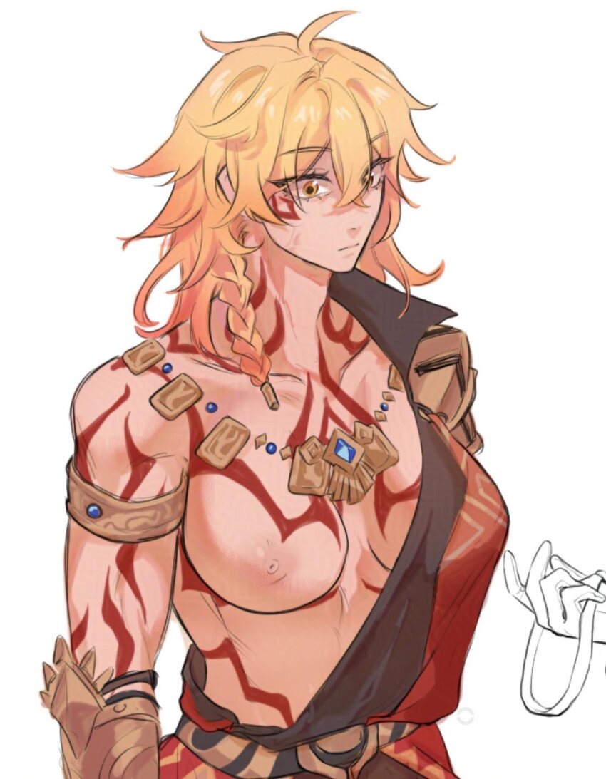 1girl 1other arm_tattoo armor armored_gloves blonde_hair braid breast_tattoo commentary commentary_request english_commentary facial_tattoo genderswap genderswap_(mtf) gold_necklace highres honkai:_star_rail honkai_(series) jewelry medium_hair mydei_(honkai:_star_rail) necklace nipples one_breast_out pauldrons red_tattoo shoulder_armor side_braid simple_background single_pauldron sybssite tattoo white_background yellow_eyes
