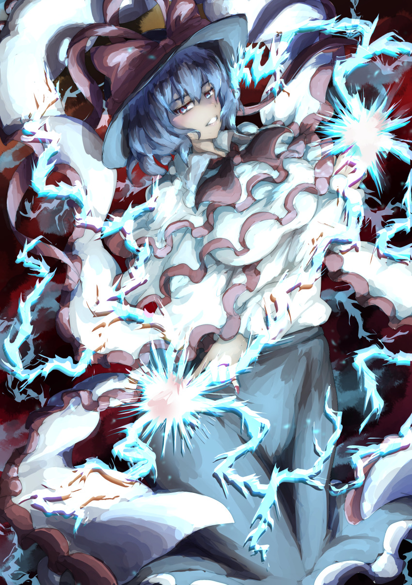 1girl absurdres black_background black_hat black_skirt bow commentary_request frills greek_commentary hat hat_bow highres indatsukasa lightning looking_at_viewer nagae_iku parted_lips purple_hair red_bow red_eyes shirt short_hair simple_background skirt solo touhou white_shirt
