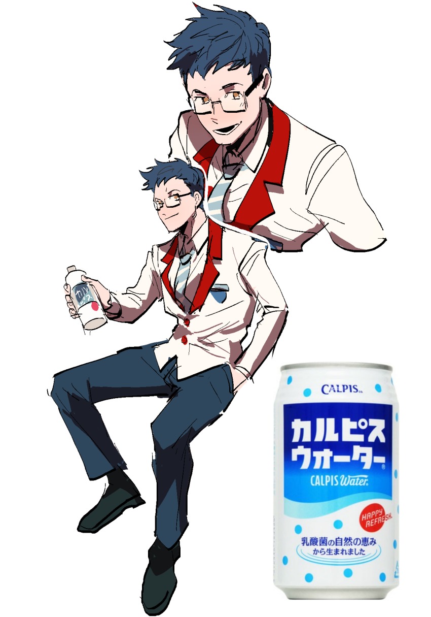 1boy bad_id bad_twitter_id blue_hair bottle brown_eyes calpis glasses hand_in_pocket highres kendy_(revolocities) looking_at_viewer male_focus necktie original short_hair simple_background sitting smile solo striped_necktie striped_neckwear white_background