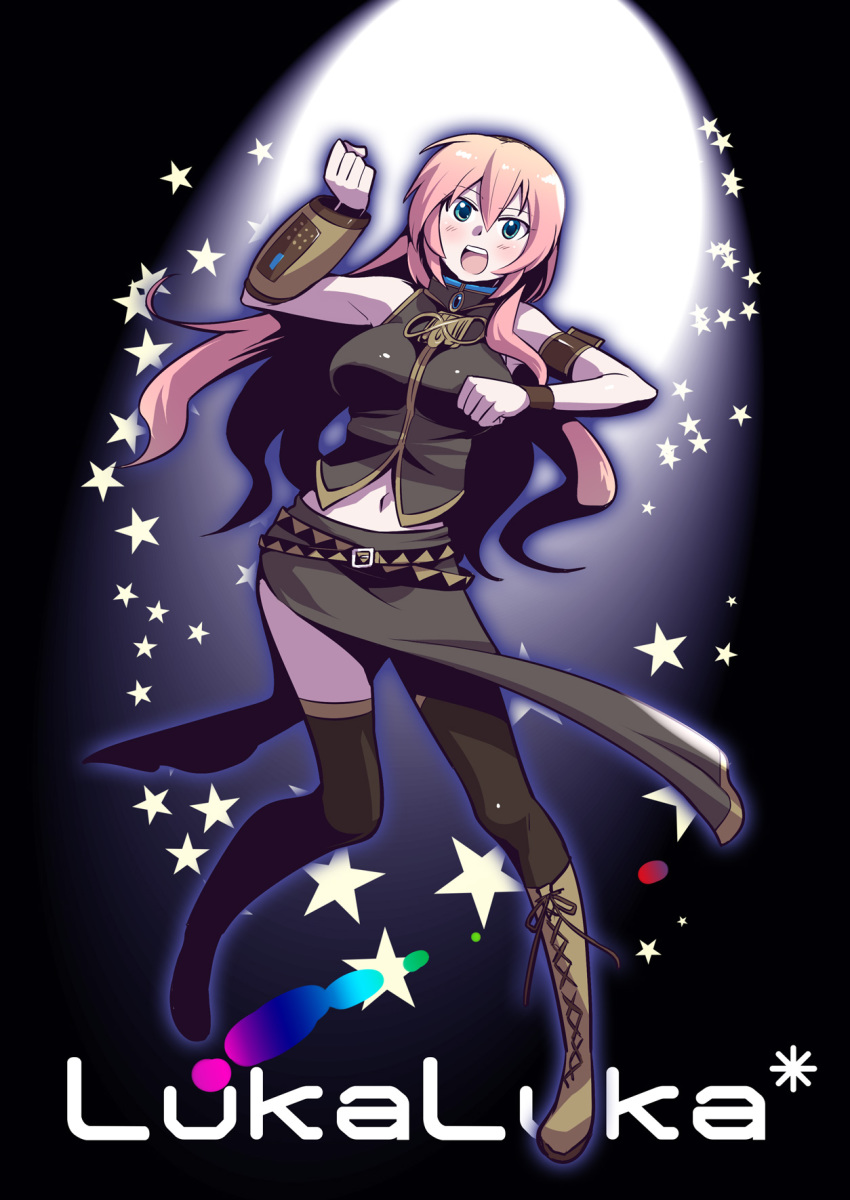 1girl blue_eyes boots caffein clenched_hand clenched_hands female_focus highres megurine_luka pink_hair solo star_(symbol) thighhighs vocaloid