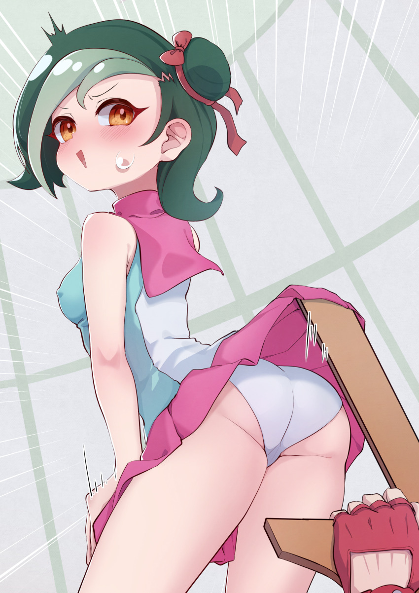 1girl absurdres ass blush breasts brown_eyes c_civciv clothes_lift commission covered_erect_nipples colored_bangs embarrassed green_hair hair_bun hair_ribbon highres mizuki_kotori_(yu-gi-oh!) multicolored_hair multiple_girls panties pantyshot pink_skirt pixiv_commission ribbon school_uniform single_hair_bun skirt skirt_lift small_breasts solo_focus sweat two-tone_hair underwear yu-gi-oh! yu-gi-oh!_zexal