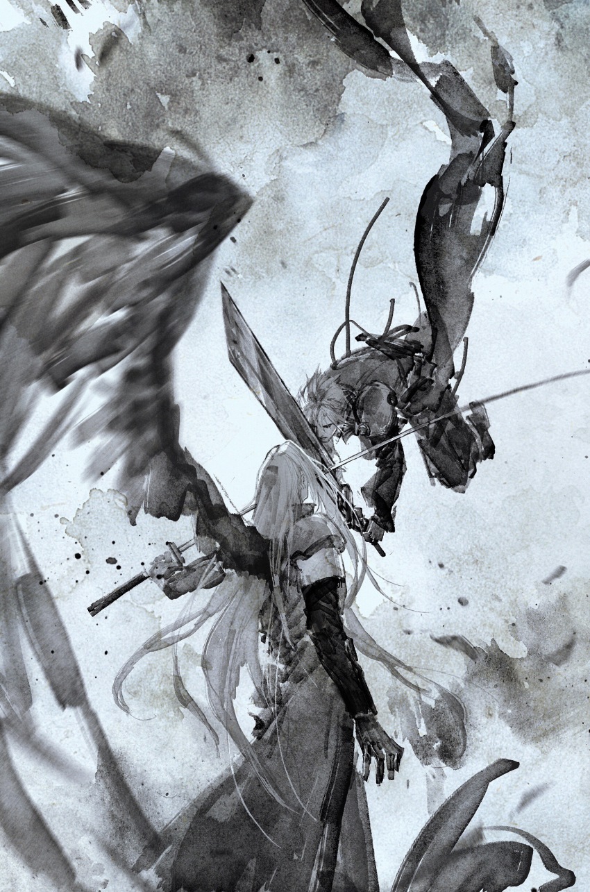 2boys absurdres armor asymmetrical_hair battle buster_sword cloud_strife coat crossed_swords duel final_fantasy final_fantasy_vii final_fantasy_vii_advent_children floating_hair from_behind fusion_swords gloves greyscale highres holding holding_sword holding_weapon long_coat long_hair male_focus masamune_(ff7) monochrome multiple_boys pants pauldrons sephiroth shoulder_armor single_pauldron single_wing spiked_hair standing sword watercolor_background watercolor_effect weapon wings yu_yu_huadiao