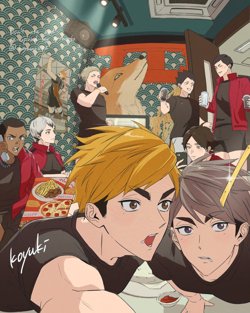 6+boys absurdres akagi_michinari artist_name black_shirt blonde_hair buzz_cut closed_eyes collared_jacket commentary_request cup dark_skin food ginjima_hitoshi grey_hair haikyuu!! hand_up highres hinata_shouyou holding holding_cup holding_microphone holding_phone jacket kita_shinsuke light_particles looking_at_another male_focus microphone miya_atsumu miya_osamu multicolored_hair multiple_boys music ojiro_aran omimi_ren open_clothes open_jacket open_mouth pants perspective phone plate poster_(object) red_jacket shirt short_hair short_sleeves singing spiked_hair streaked_hair suna_rintarou undercut very_short_hair white_hair white_pants yakomo002