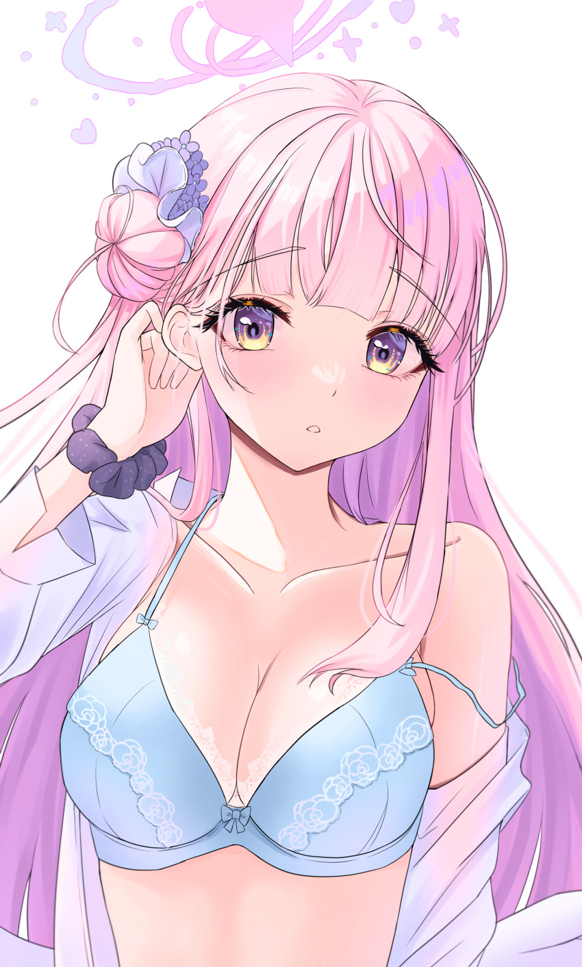 1girl absurdres adjusting_hair black_scrunchie blue_archive blue_bra blunt_bangs blush bra breasts byakko_0410 cleavage collarbone collared_shirt commentary eyelashes floral_print floral_print_bra flower hair_behind_ear hair_bun hair_flower hair_ornament halo hand_up heart highres large_breasts long_hair looking_at_viewer mika_(blue_archive) open_clothes open_shirt parted_lips pink_hair pink_halo print_bra purple_flower rose_print scrunchie shirt sidelighting simple_background single_bare_shoulder single_side_bun solo straight_hair strap_slip underwear upper_body very_long_hair white_background white_shirt wrist_scrunchie yellow_eyes