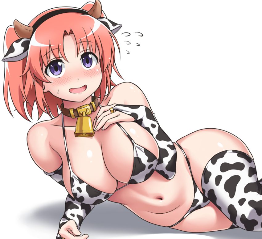 1girl animal_ears animal_print bell bikini blush breasts bridal_gauntlets collar cow_ears cow_horns cow_print fake_animal_ears fake_horns hand_on_own_chest horns large_breasts looking_at_viewer lying mikakunin_de_shinkoukei navel neck_bell on_side open_mouth purple_eyes short_hair simple_background solo swimsuit thighhighs twintails white_background yonomori_kobeni youkan