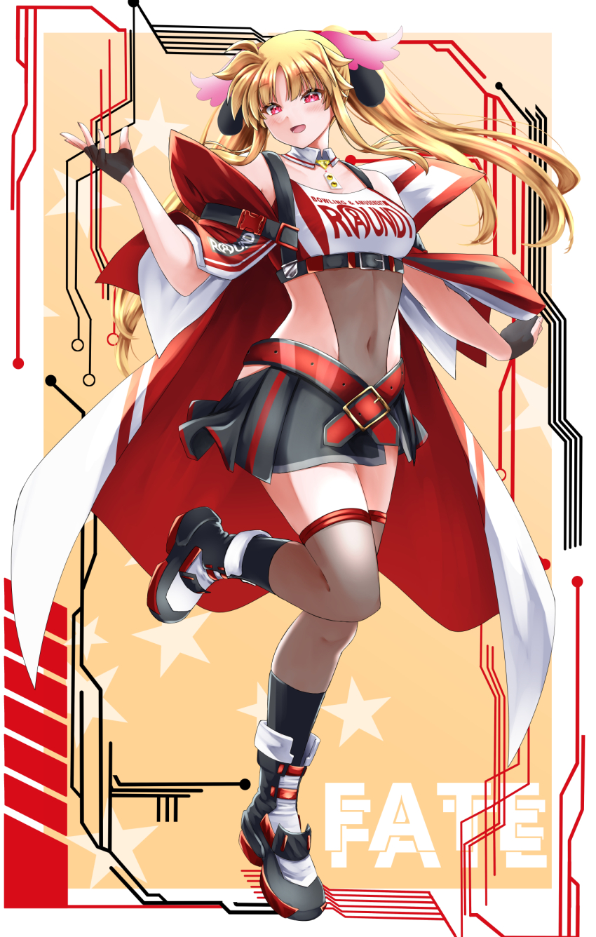 1girl alternate_costume alternate_hairstyle bare_shoulders belt black_boots black_gloves black_skirt blush boots brown_thighhighs cape character_name commentary_request cropped_shirt detached_collar fingerless_gloves full_body gloves hair_ornament hand_up highres leotard leotard_under_clothes long_hair looking_at_viewer lyrical_nanoha mahou_shoujo_lyrical_nanoha mahou_shoujo_lyrical_nanoha_strikers miniskirt navel one_side_up open_mouth paid_reward_available parted_bangs pleated_skirt print_shirt red_cape red_hair see-through_clothes see-through_leotard shirt skirt solo sougetsu_izuki standing standing_on_one_leg thighhighs twintails two-sided_cape two-sided_fabric white_cape
