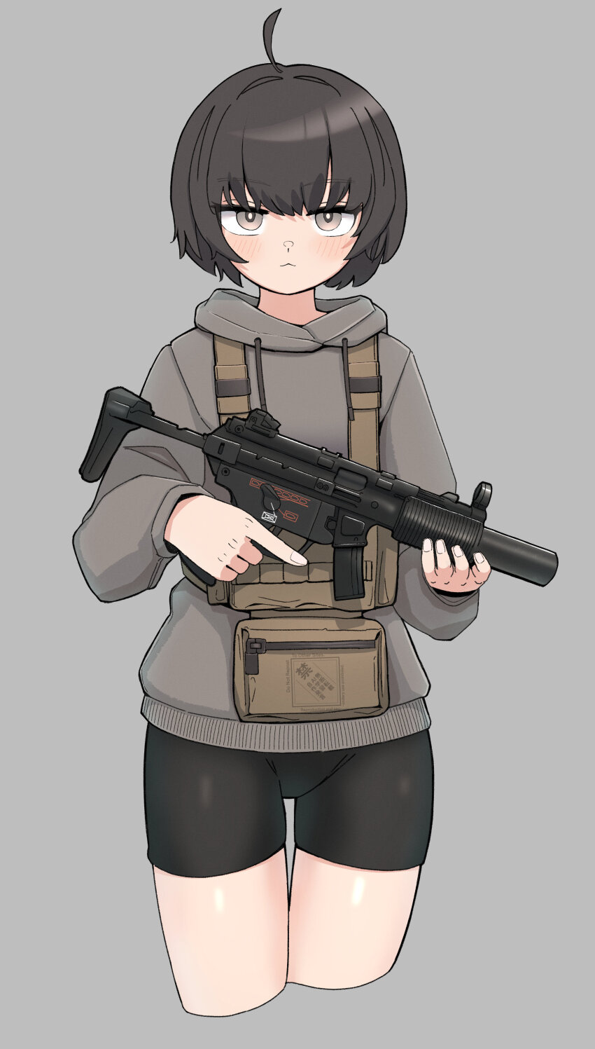 1girl absurdres ahoge ammunition_pouch bike_shorts black_shorts blunt_bangs brown_hair chest_rig commentary drawstring english_commentary fingernails green_eyes green_hoodie gun h&amp;k_mp5sd highres holding holding_gun holding_weapon hood hood_down hoodie integral_suppressor integrally-suppressed_firearm long_sleeves magazine_(weapon) okapi_(yomaigoto) original pouch short_hair shorts solo submachine_gun suppressor triangle_mouth trigger_discipline watermark weapon