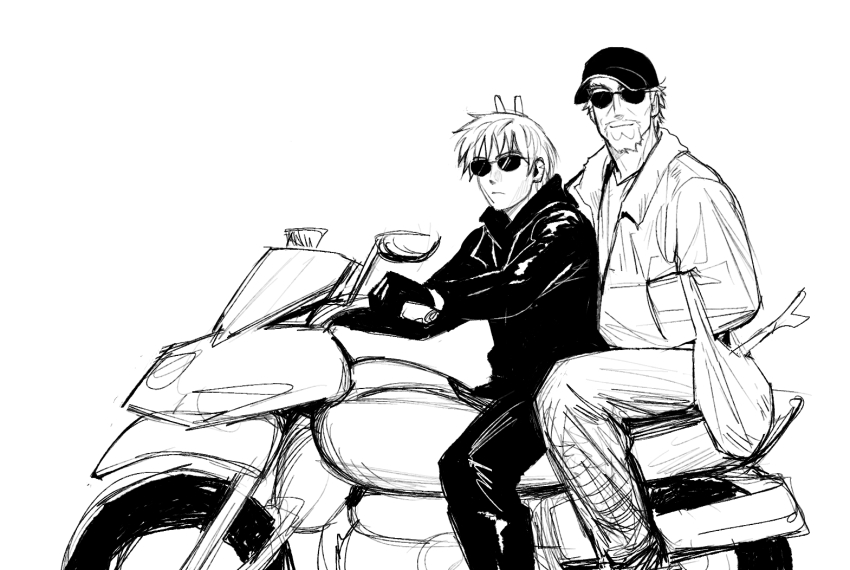 2boys askeladd bag baseball_cap beard bunny_ears_prank contemporary facial_hair flrrrrr222222 gloves greyscale hat male_focus monochrome motor_vehicle motorcycle multiple_boys on_motorcycle shopping_bag short_hair simple_background sitting sketch spring_onion sunglasses thorfinn vinland_saga