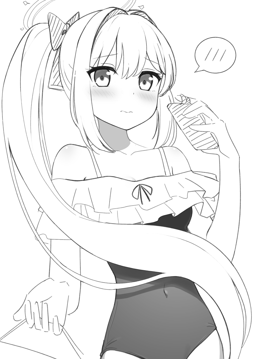 absurdres apollo_(hu_maple) blue_archive blush commentary covered_navel frilled_one-piece_swimsuit frills greyscale halo highres holding looking_at_viewer miyako_(blue_archive) miyako_(swimsuit)_(blue_archive) monochrome off-shoulder_one-piece_swimsuit off_shoulder official_alternate_costume one-piece_swimsuit ribbon sketch swimsuit white_background white_hair