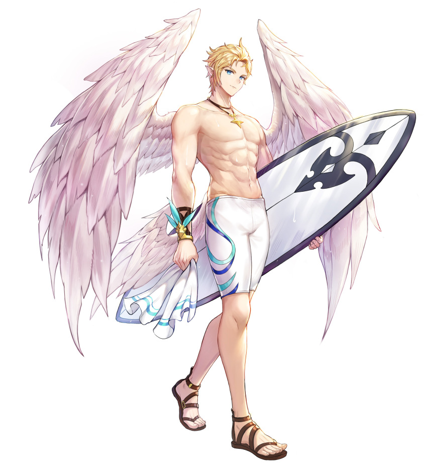 1boy abs absurdres angel angel_wings arch_(king&#039;s_raid) blonde_hair blue_eyes bracelet brown_sandals commentary english_commentary feathered_wings full_body highres holding holding_surfboard holding_towel jewelry king&#039;s_raid lagna low_wings male_swimwear muscular muscular_male necklace official_alternate_costume official_art pectorals pointy_ears sandals short_hair smile solo star_(symbol) star_necklace surfboard towel walking white_male_swimwear white_wings wings
