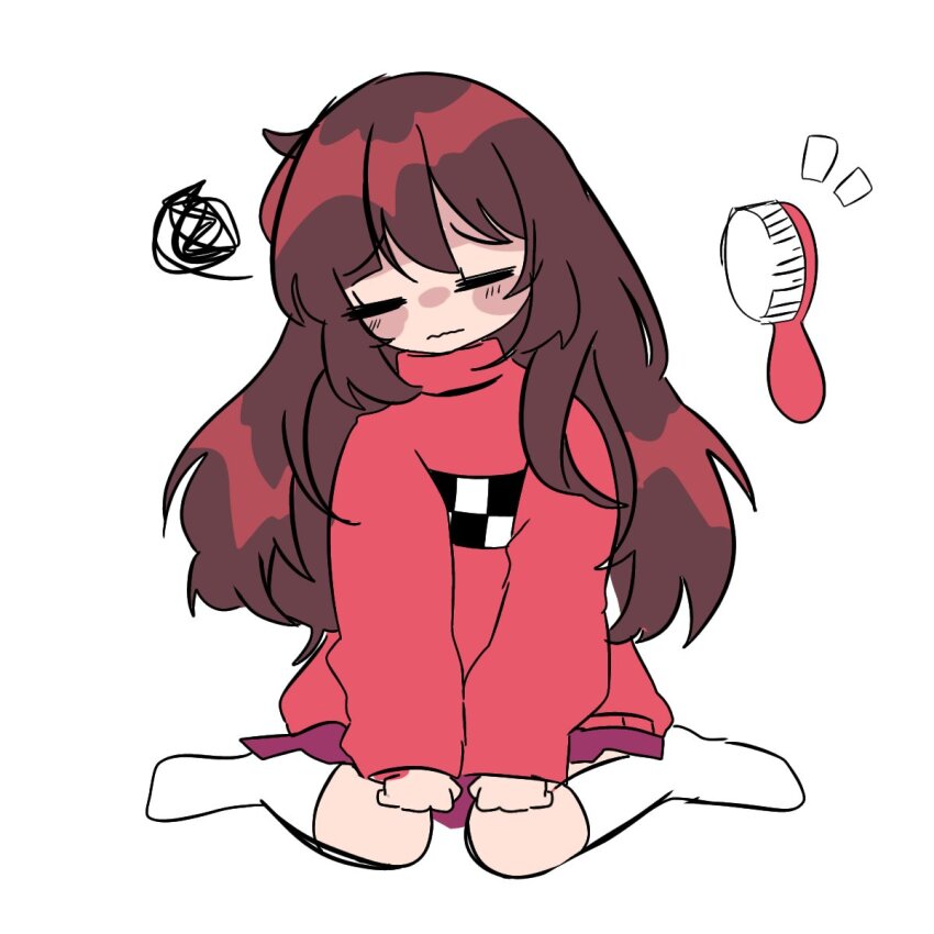 1girl blush_stickers brown_hair closed_eyes commentary emphasis_lines english_commentary full_body hair_brush highres long_hair madotsuki no_shoes red_sweater rosse_chan sitting socks solo sweater wariza white_socks yume_nikki