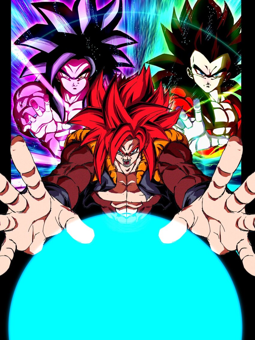 aura big_bang_kamehameha brown_fur powering_up dragon_ball dragon_ball_gt fusion gogeta highres kamehameha_(dragon_ball) looking_at_viewer muscular muscular_male powering_up red_hair serious son_goku tagme vegeta